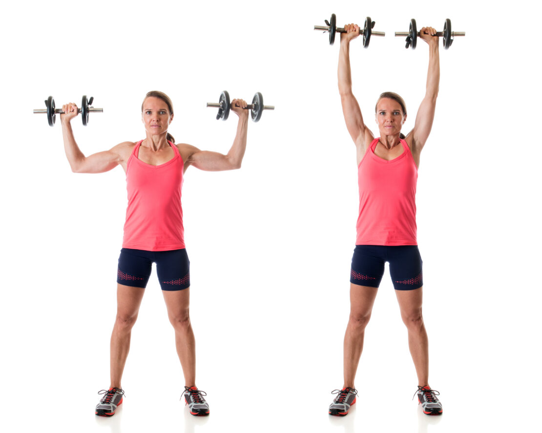 A woman performs a standing shoulder press. The image shows the shoulder press at the resting stage and the shoulder press when the arms are fully extended
