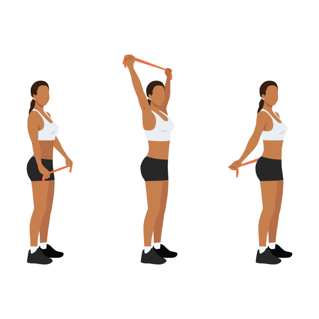 A diagram of a resistance band chest opener stretch