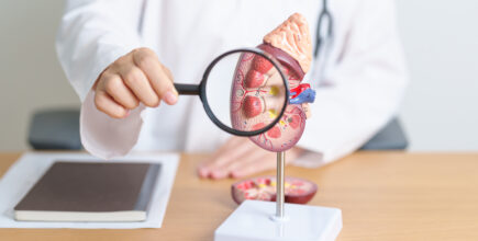 A doctor holds a magnifying glass up to a kidney, zooming in on the adrenal gland.