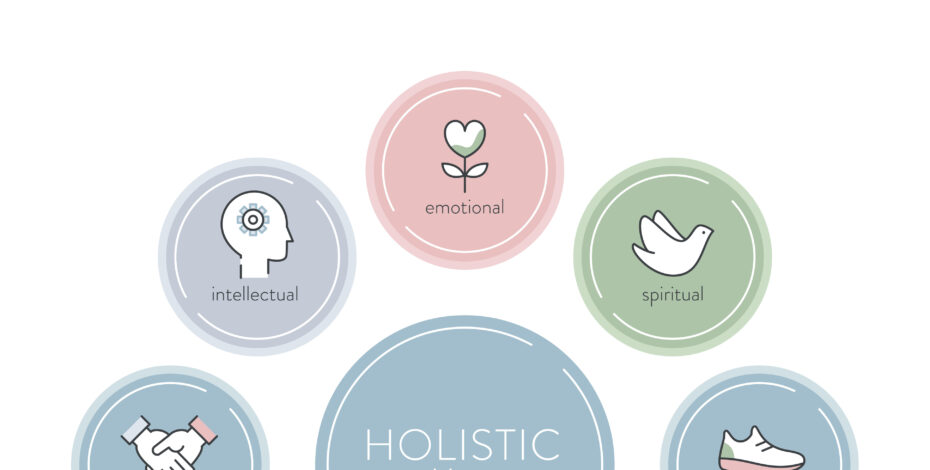 An illustration showing one large circle with the text "Holistic Wellness." There are several, smaller, multi-colored circles around this circle. They are labeled "emotional, intellectual, social, financial, environmental, occupational, physical, and spiritual."