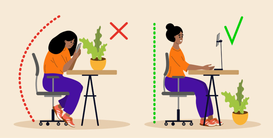 An illustration showing poor posture (on the left), where the spine is slouched and good posture (on the right), where the spine is straight/upright