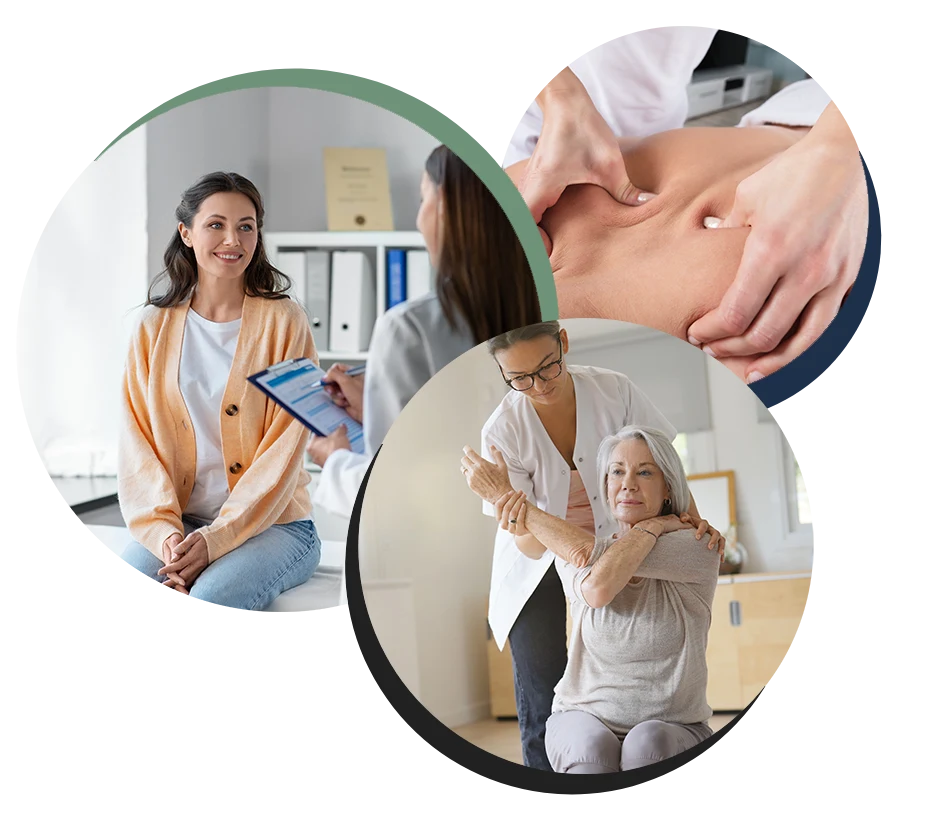 Collage of physical therapy: consultation, abdominal massage, and elderly woman receiving shoulder therapy.